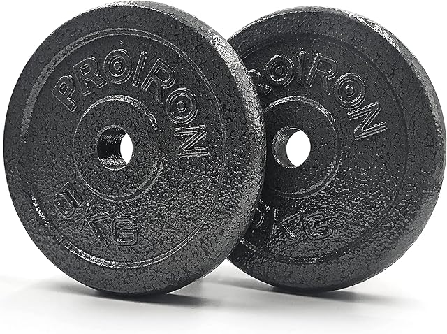Two PROIRON cast iron plates marked 5KG, hammered black finish, the brand raised around the bore