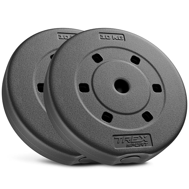 TREX SPORT pair of black plastic weight plates of 10 kg with bevelled edges
