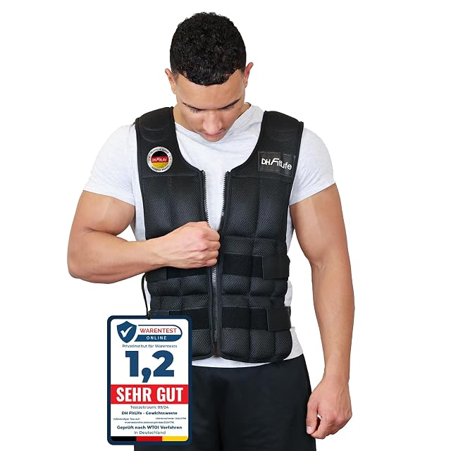 DH FitLife black mesh weighted vest worn zipped, with a Warentest Online 1,2 placard set beside it
