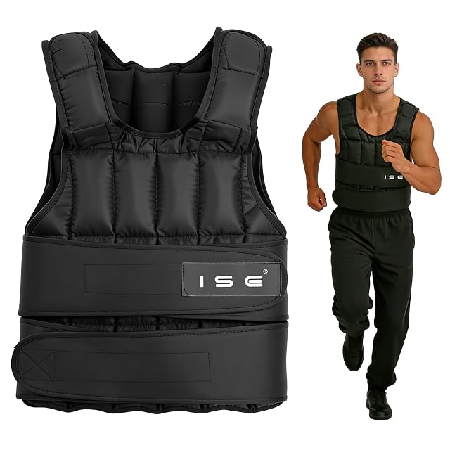 ISE weighted vest in all black, quilted pockets over the chest and a wide wrap-around waist strap