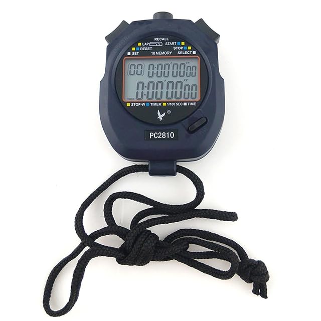 JZK handheld digital stopwatch with a two-line display and lanyard