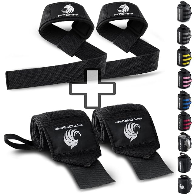 Fitgriff set of black wrist wraps and padded lifting straps with L and R markings