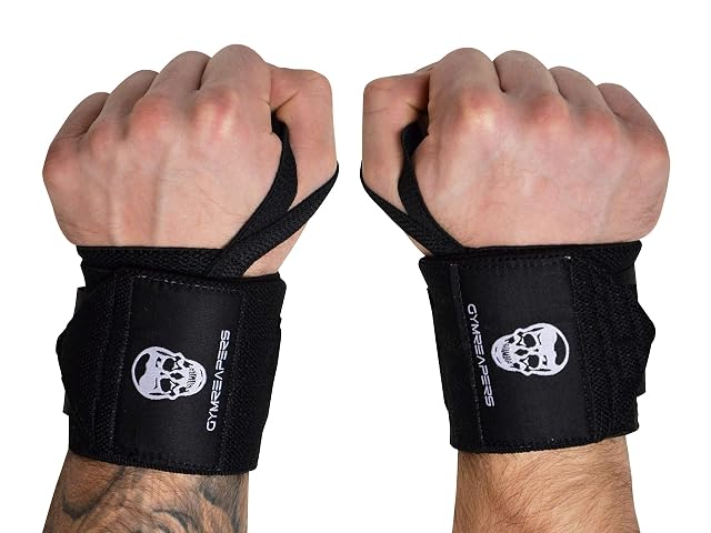 Gymreapers black wrist wraps with reinforced thumb loops and wide closures