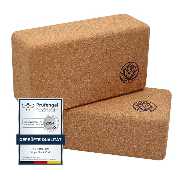 Two VonBueren cork blocks branded with a lotus, a Prüfengel certified-quality seal dated 2024 beside them