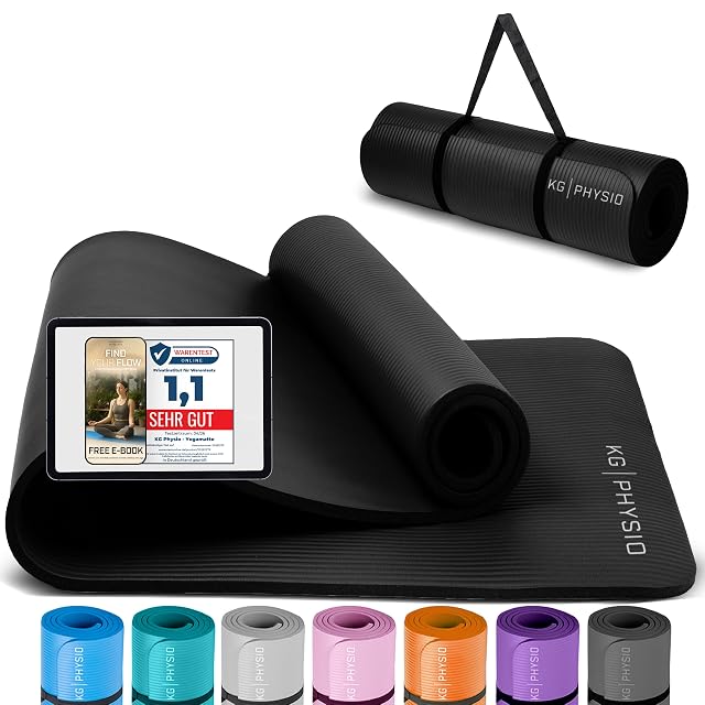 KG PHYSIO black ribbed mat part-rolled, a Warentest Online 1,1 card on it and seven colours ranged below