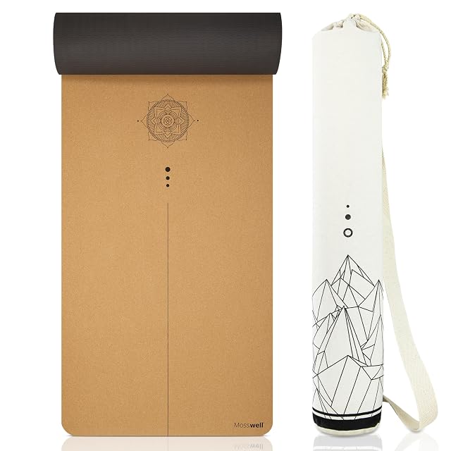 Mosswell cork yoga mat with an alignment line and a cotton carrying bag